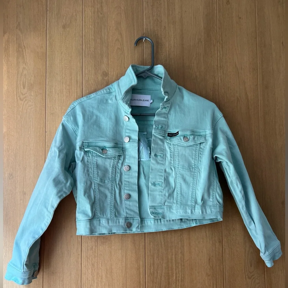Calvin Klein Youth Girls Jacket Size 10 Mint Green Denim Button Down 100% Cotton